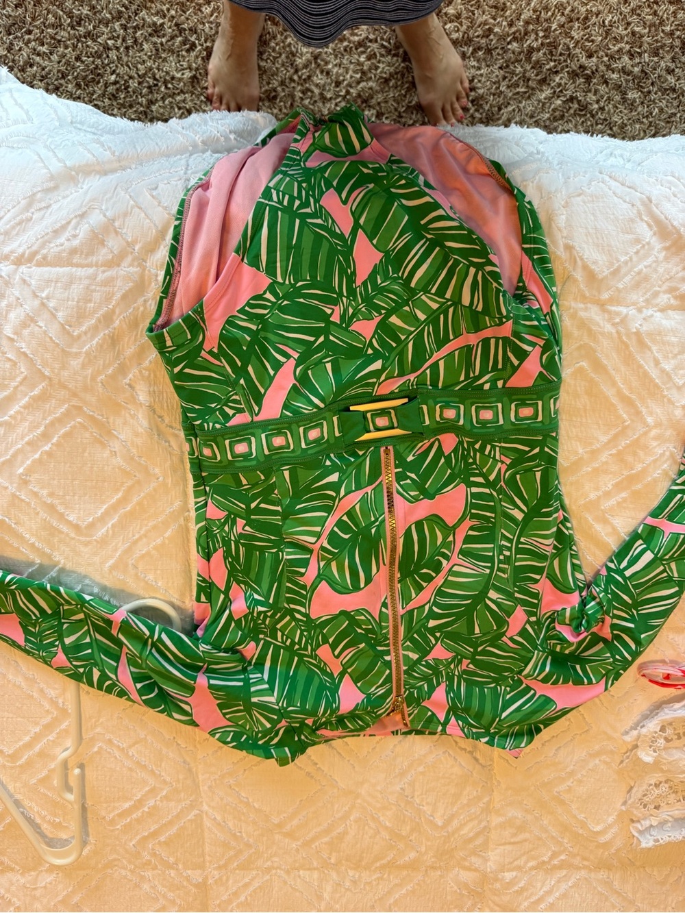 Lilly Pulitzer Green & Pink Tropical Leaf One-Piece Swimsuit